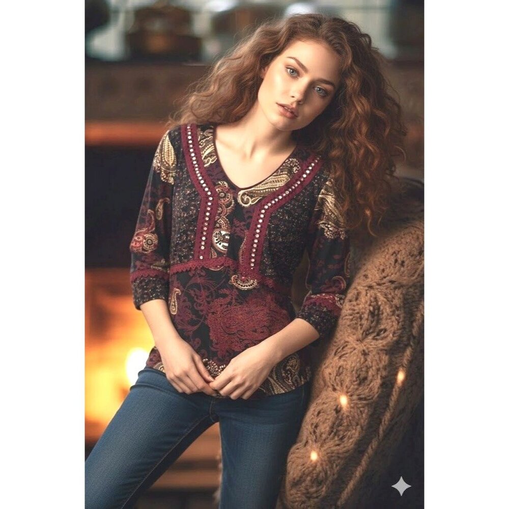 Sangria Size 10 Burgundy Paisley Studded V Neck Lined Blouse Vintage Boho Core - Picture 1 of 10